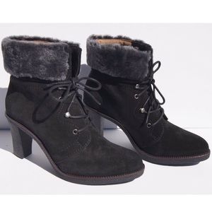 Johnston and Murphy Brisa Shearling Fur Suede Laceup Heel Bootie